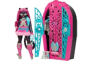 Monster High Straszysekrety Catty Noir Seria 6 Tajemnice Hollyduch Zestaw lalka, szafa i ponad 19 niespodzianek, w tym ubranka dla lalki i akcesoria, JBG82