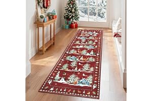 Geanup Weihnachtsteppich Läufer für Flur 60 x 180 cm, Schneemann Rot Teppich Weihnachten, Waschbarer Küchenteppich Läufer für Wohnzimmer Schlafzimmer Waschküche Badezimmer Weihnachtsdeko