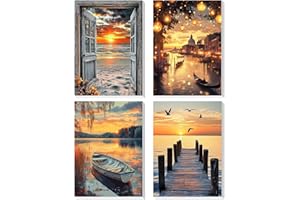 DOMROM Paint by Numbers Adults, Set of 4 Paint by Numbers with Frame, Landscape, Sunset Sea Paint by Numbers, Adults, DIY Hand-Painted Acrylic Oil Canvas Frame, Painting Set (20 x 30 cm)