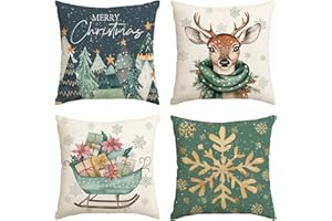 Artoid Mode Bäume Rentier Schlitten Schneeflocken Frohe Weihnachten Kissenbezüge 4er Set, 45x45 cm Christmas Zierkissenbezug Cushion Cover Couch Deko