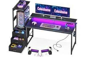 Coleshome Biurko Gamingowe z Oświetleniem LED & Gniazdkiem, Odwracalne Biurko Komputerowe z Szufladami, Stół Gamingowy z Miejscem do Przechowywania & Stojakiem na Monitor, Włókno Węglowe Czarne151 cm