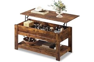 WLIVE Lift Top Coffee Table, 98CM Lift Up Coffee Table with Hidden Compartment, Wooden Coffee Table with Storage Shelf for Living Room, Rustic Brown