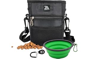 Zaifi 3 Cup Dog Treat Pouch and Training Clicker, Dog Walking Bag Waterproof with Collapsible Bowl, Built-in Poop Bag Dispenser, 3 Ways Wear Pet Bumbag with Drawstring Clouser, Mesh Pocket & Belt Clip