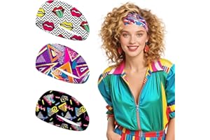 AFFEGIFTS Lot de 3 Bandana d'Anniversaire pour Chat, Style Hippie Fluo Vintage, pour Homme et Femme, Bandeau Élastique Accessoire de Fête Fluo, Style Hip-Hop des Années 80, Idéal pour L'entraînement