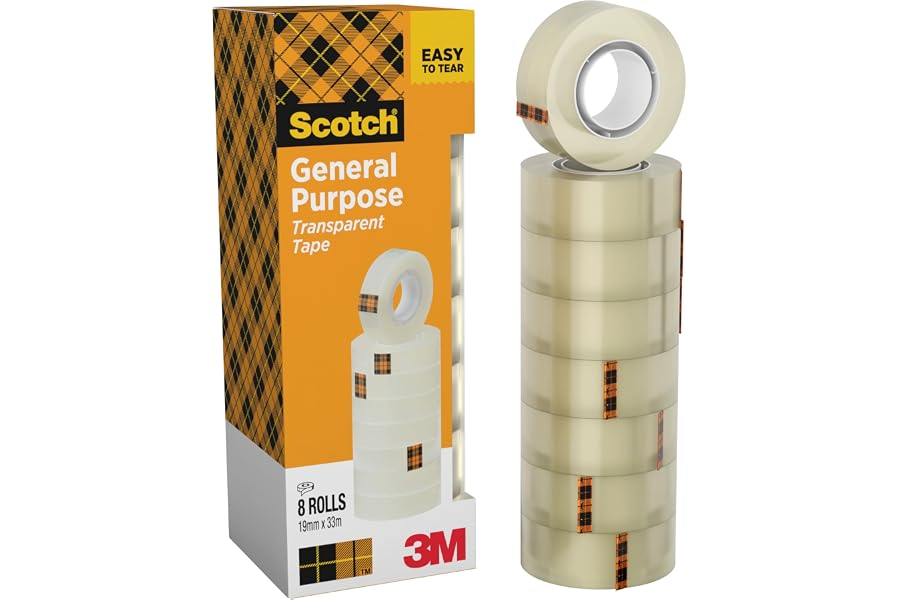 Scotch Cinta Adhesiva Transparente - 8 rollos - 19mm x 33m - Cinta Adhesiva para Uso General para el Colegio, el Hogar y la O