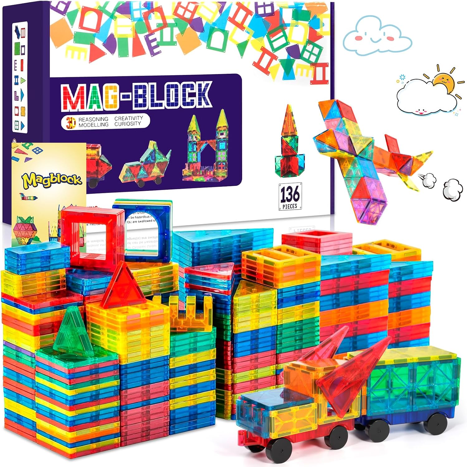 JUQG 136Pcs Bloques de Construcción Magnéticos, 3D Juguetes de Construcción Magnéticos, Juguetes Educativos de Bloques de Construcción, Regalo de Juguete Magnético para Más de 3 Niños y Niñas (136Pcs)