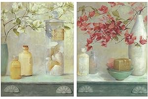 DCINE Cuadros para el baño decoración Floral de Madera. Set de 2 Unidades de 19 cm x 25 cm x 4 mm unid. Adhesivo FÁCIL COLGADO. Adorno Decorativo. Decoración Pared hogar