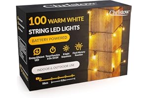 CHRISTOW Christmas Fairy Lights Battery Operated, Warm White LED String Lighting with Timer, Indoor & Outdoor, 8 Light Modes Flashing & Static, Green Cable (100 LED / 10m Lit Length)