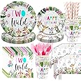 HIPEEWO Two Wild Safari Jungle Theme 2nd Birthday Decorations - Dinnerware Set for 24, Includes Plate, Cup, Napkin, Tablecloth, Straws, Cutlery