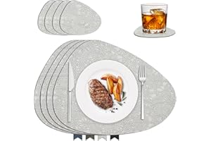 BEIJIE Manteles Individuales Juego de 4, Salvamanteles Individuales Lavables de Cuero y Posavasos, Mantel Individual Redondo Antideslizantes Resistente al Calor, para Mesa de Cocina y Restaurantes, Blanco