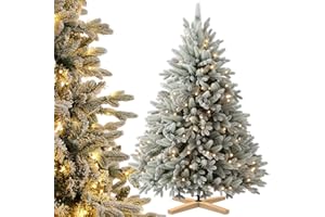 Eldzenith Weihnachtsbaum 150 cm Schnee, Tannenbaum Künstlich mit Beleuchtung, Holzständer, PVC und PE, Naturgetreu, Christbaum, Schwer Entflammbar, Christmas Tree für Zuhause, Geschäfte