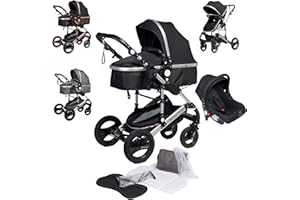 Bronea EXQUISE Kombi-Kinderwagen 3 in 1 Inkl. MATRATZE, Buggy, Auto-Babyschale, Zusammenklappbar mit Wickeltasche, Regenschutz, Mückenschutz & Sonnenschutz - Schwarz/Silver