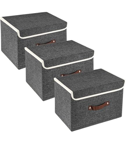 OUTBROS Opbergdozen met deksel, opvouwbare kledingcontainers voor slaapkamer, grote linnen stoffenkastorganisator, 38 x 25 x 25 cm (Beige/Grijs, set van 2