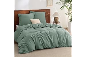 BEDSURE 3-częściowy komplet pościeli 200 x 220 cm z bawełny - Zestawy pościeli w kolorze szałwiowej zieleni, poszwa na kołdrę z 2 poszewkami na poduszkę 80 x 80 cm, tekstura podobna do pranego lnu