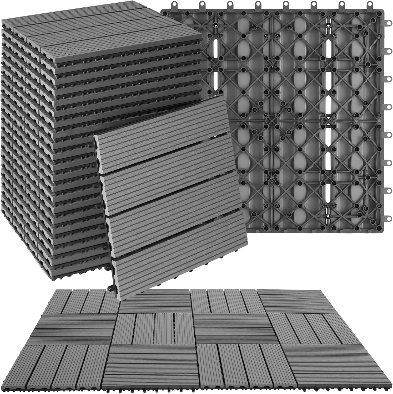tectake® Set Baldosas Jardín Exterior con 4 Tablones, 31 x 31 cm, Suelo Terraza Exterior Resistente, Suelo para Jardín con Base de Rejilla y Drenaje, área de 1,0571 m2 - Juego de 22 Gris