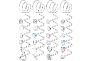 Chriscoco 36Pcs 18G 20G Surgical Steel Nose Stud Nose Ring Nose Piercing Nose Hoop Ring L Shaped Silver Nose Studs Hypoallergenic CZ Opal Heart Star Nose Piercing Jewellery for Women Men