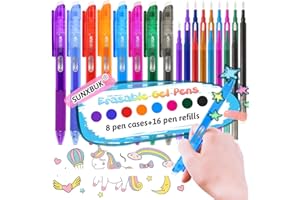 SUNXBUK Penne Cancellabili Gel,8 Pezzi Penne a Sfera Cancellabili con 16 Ricariche Gel per Penne, 0.7 mm Ricariche Penne Gel Cancellabili,Penna Gel Cancellabile per Articoli Scolastici, Studenti, Adulti