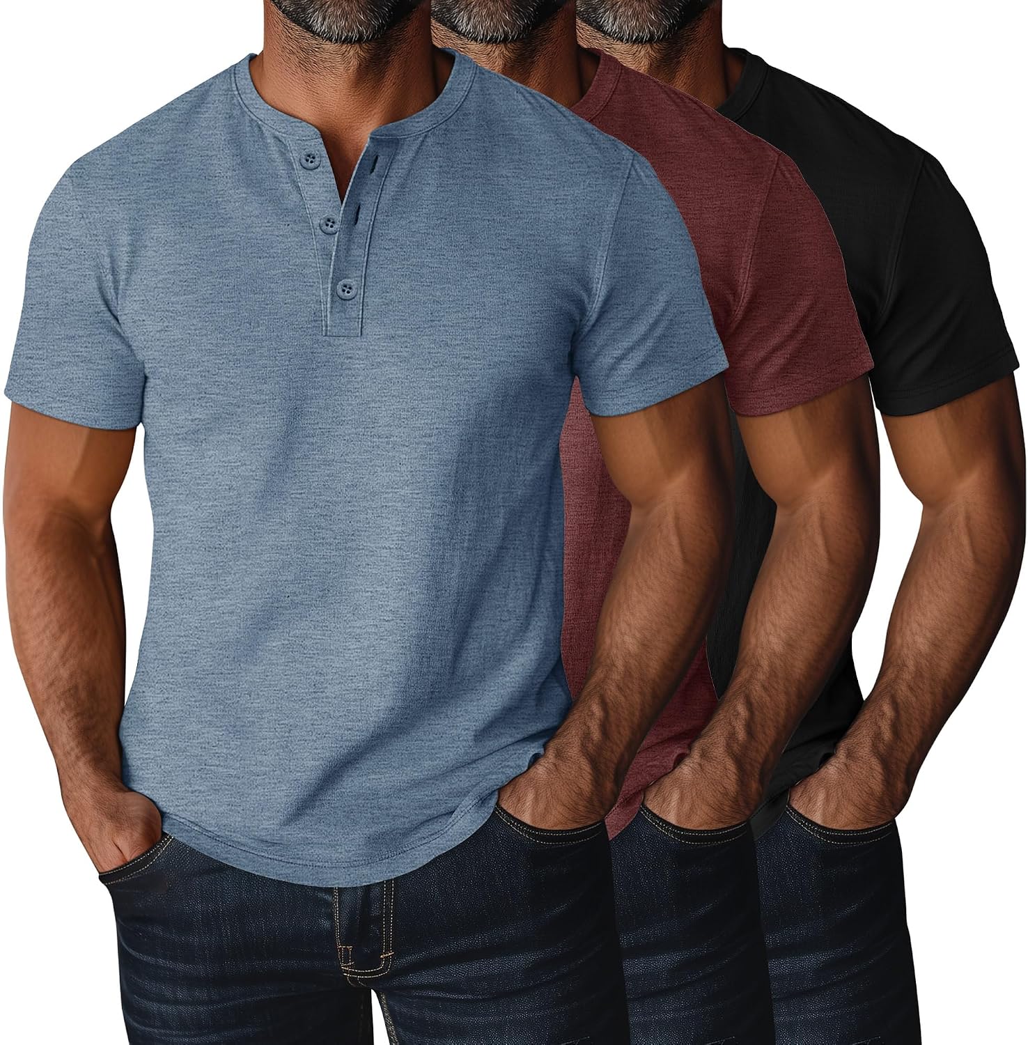 Ficerd 3 Piezas Camisetas Henley para Hombres de Talla Grande y Alta, Manga Corta, Oversize Holgadas, Básicas Casuales Tops