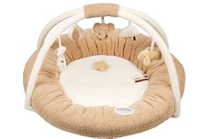 Nattou Manta de peluche con arco de juego y actividades diversas, De poliéster, Aprox. 90 cm, Osito, Blanco/Marrón claro