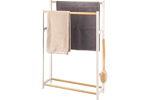 BREMERMANN eluno Porte-Serviettes sur Pied en métal avec Bambou, Extra Large, pour Grandes Serviettes de Douche, Porte-Serviettes de Bain, avec 2 Barres Porte-Serviettes et 4 Crochets (Blanc)