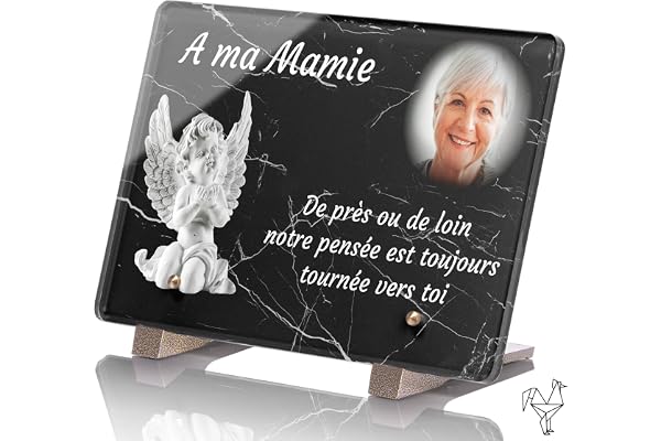 Plaque Funéraire Personnalisable avec Photo - Marbre Ange - Plaque Funéraire Personnalisée avec Photo sans Inter funéraire - Résistante aux Intempéries et Traitée Anti UV (22,5x15 cm (Moyen))