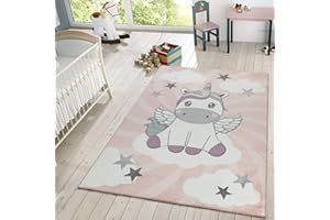TT Home Tappeto per bambini Bambine Tappeto da gioco Grazioso Unicorno Nuvole In Rosa Bianco Lilla, Dimensione:80x150 cm