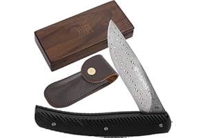 YOUSUNLONG Cuchillo de bolsillo - Cuchillo plegable - Hoja de acero de Damasco de 186mm para camping y caza - Incluye funda de cuero y caja de madera de nogal - Mango de cuerno de búfalo natural