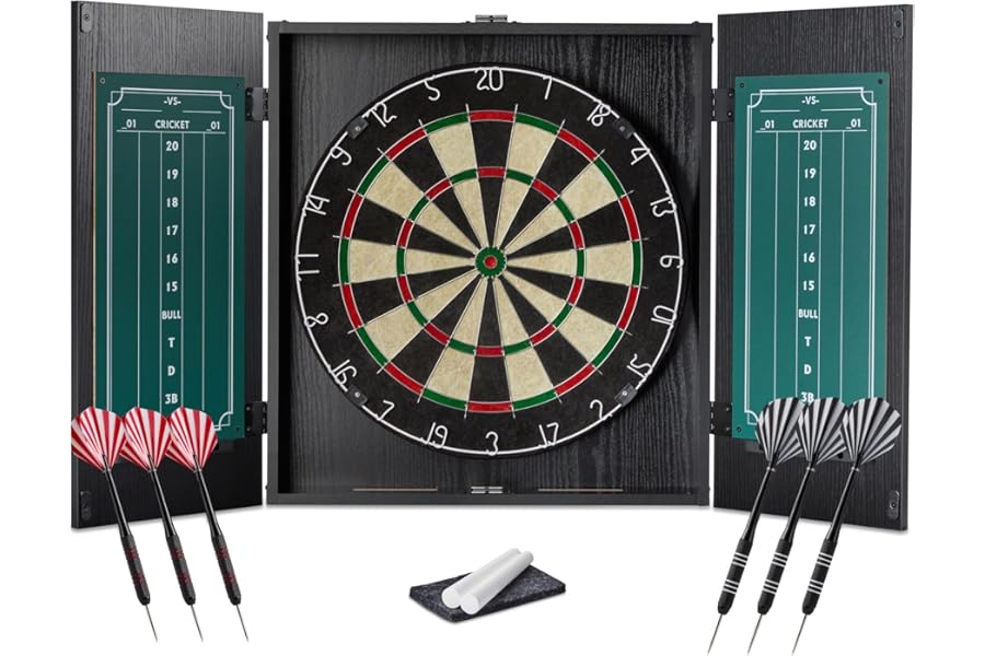 Amazon Basics Dartboard Cabinet Set with 6 Steel Tip Darts - Self-Healing Sisal Fiber, Built-in Scoreboard, Complete Mounting Kit, 55.2 cm x 50.2 cm, Black