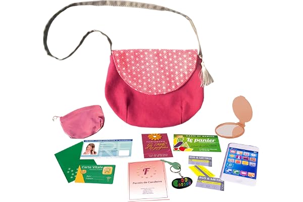 Amulette - Mon Premier Sac à Main - Jeu Imitation pour 3 à 10 Ans - 16 Accessoires Cartes, Porte-Monnaie, Smartphone - Jouet Cadeau Enfant Fille Bandoulière - Fabriqué en France - PSAC Rose