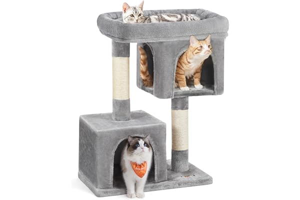 Feandrea Arbre à Chat, Tour de Jeux 84 cm, L, Maison pour Chats Jusqu’à 7 kg, Grande Plate-Forme, 2 Niches, Griffoir, Gris Clair PCT61W