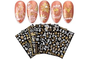 JMEOWIO 9 Sheets Christmas Nail Art Stickers Decals Self-Adhesive Bling Snowflake Snowman Holiday White Gold Nail Supplies Nail Art Design Decoration Accessories
