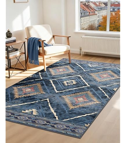 Tapis Salon Lavable 60x120cm Moderne Gris/Bleu - Antidérapant, Doux Poils Ras, Tapis Chambre
