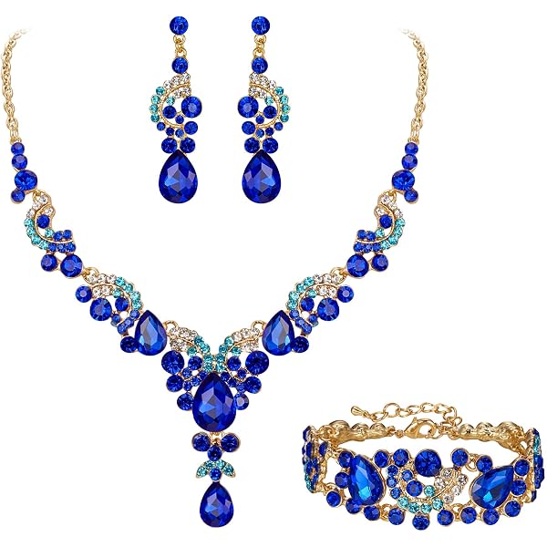 Faship Rhinestone Crystal Floral Necklace & Earrings Set - Pink, Bridal, Wedding, Prom Jewelry