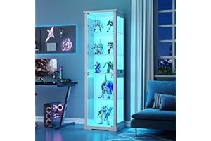 OUTDOOR DOIT 71" Display Cabinets with LED lights for Collectiblesbb,books,toys,5-Tier Tall Bookcase with Glass Doors & Human Sensor for Living Room,Bedroom,white