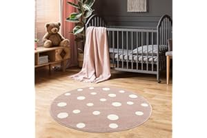 ‎JIMRI Jimri Kinderteppich DOTS l Pünktchen Gepunktet l Öko-Tex Siegel | Farbe: Beige Blau Rosa | Kinderzimmer/Jugendzimmer (Rosa, Ø 150 cm Rund)