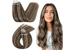 Ugeat Extension Capelli Veri Anellini 14Pollice/35cm Extension Microrinng Capelli Veri 1g/Filo 50g/Pacco Marrone Scuro Highlight Bionda Dorato P#4/27