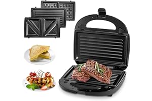 Pukomc 3-in-1 Sandwich Maker Antihaft-Panini-Presse, 850 W Grill, Tostadora De Pan Sandwichera, Herausnehmbare Grillplatten, Kontaktgrill, Waffeleisen, Doppelseitige Heizung, Schwarz