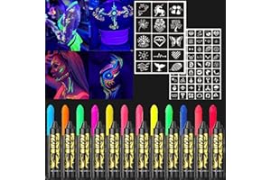 Farba fluorescencyjna UV, HISUNBEN 12 neonowych ołówków do twarzy i ciała, zmywalna, nietoksyczna farba neonowa UV, na festiwal, Mardi Gras, Halloween, do makijażu