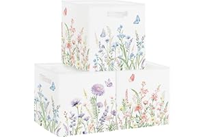 HUUMONSS Boîtes de Rangement Lot de 3 Fleur Sauvage Paniers de Rangement Cube Papillon Jardin Enfant Pliables Coffre à Jouets Garçons Filles pour Étagères Livres,Buisson Plantes,30x30x30 cm