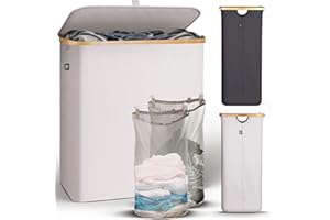 HENNEZ Panier à Linge Sale 140L - Panier a Linge 2 Compartiment - Bac a Linge Sale Pliable avec Couvercle, Poignée en Bambou - Corbeille a Linge pour Buanderie, Beige