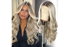 SOMIARIK 13x4 Synthetic Lace Front Wig Short Wavy Pale Blonde With Dark Roots wigs Pre Plucked with Baby Hair Natural Looking 150% Density Heat Resistant Party Date Daily Wear 22 Inch