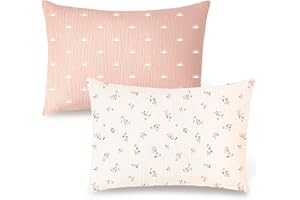 Konssy Muslin Toddler Pillowcase 13"x18", 2 Pack 100% Cotton Toddler Pillow Case for Kids, Boys, Girls, Soft & Snug Fit Baby Pillow Covers with Envelope Closure (Pink Sun,Brown Leaf)
