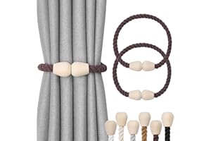 Pretty Jolly 2 Pack Wooden Magnetic Curtain Tiebacks Elegant Boho Home Decoration Drape Tie Backs Natural Cotton Handmade Rope Curtain Holdbacks for Home & Office Window Drapery (Coffee)