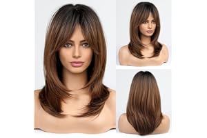 EMMOR Ombre Brown Womens perruque longue perruque en couches avec perruque en fibre synthétique résistant à la chaleur…