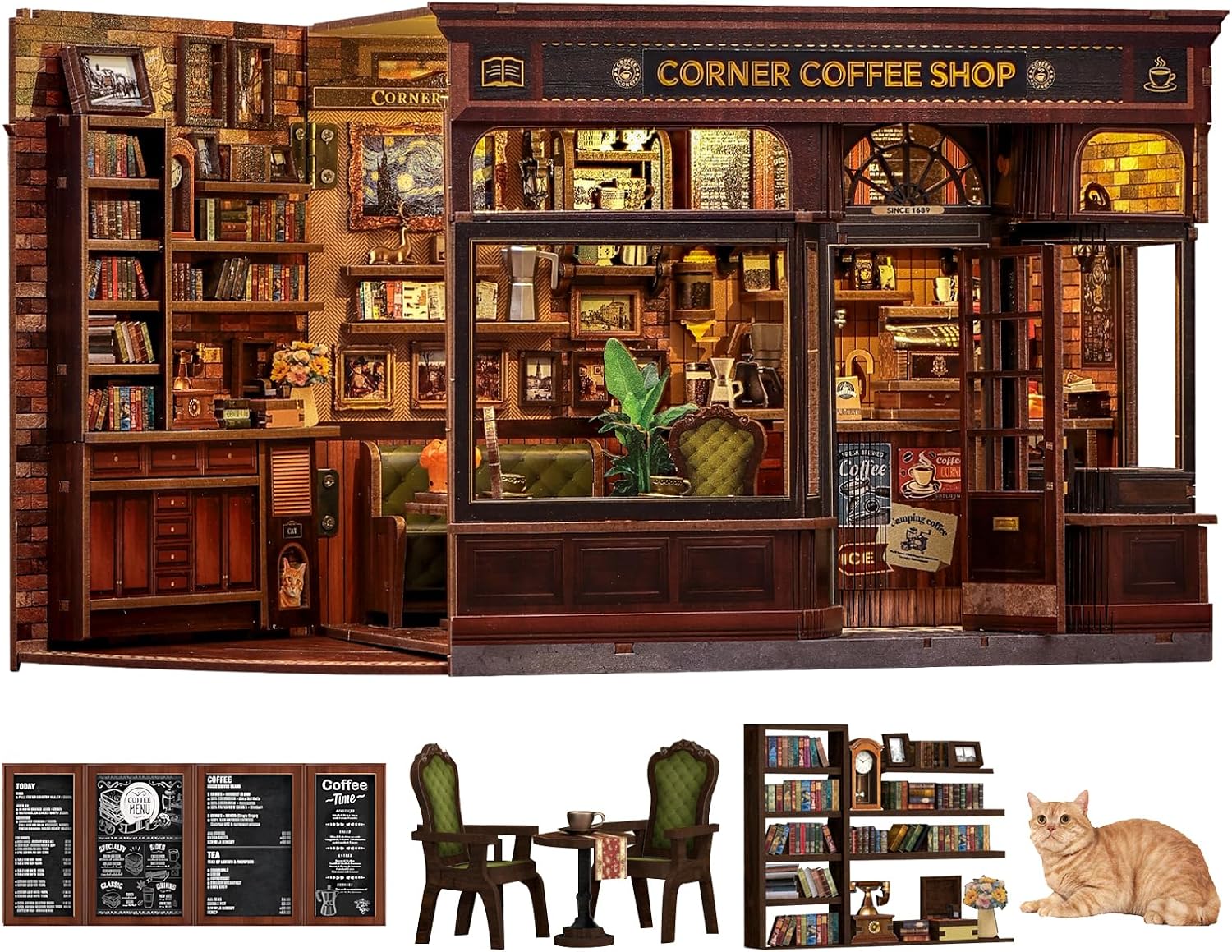 Fsolis DIY Book Nook Kit - Casas de muñecas Miniatura Regalo Creativo para Adultos y Adolescentes, Mágica Decoración 3D de Madera con Casa de Muñecas Iluminada para Librerías(Corner Coffee Shop)