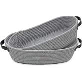Pack of 2 Basket Storage Braided Basket Made of Cotton Rope 34 x 17 x 10 cm with Leather Handle Storage Basket for Wardrobe Shelf Decorative Kitchen Bedroom Bathroom Grey
