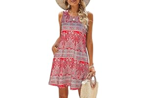 BDTECAOR Sommerkleider Damen Ärmellos Blumen T-Shirt Strandkleid Leichte Lässige Taschen Boho Tank Kleid