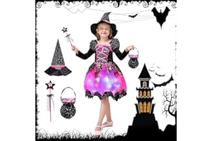 BGIUSQF Costume Déguisement de Sorcière Fille 130 cm, LED Robe de Sorcière Enfant, Chapeau de Sorcière, Baguette Magique, Sac de Bonbons, Deguisement Halloween Enfant Sorciere