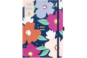 Busy B Kalendarz na pół roku A5 do sierpień 2024 - sierpień 2025. Granatowy kwiatowy dziennik tygodniowy A5 z notatkami, listami wyrywanymi i kieszeniami