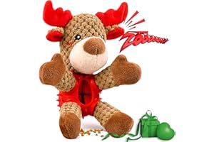 PeppyPawz 4 in 1 Christmas Dog Toy Present, Interactive Treat Dispenser for Boredom & Enrichment, Soft Plush Squeaky Crinkle Durable Chew Toy for Puppy, Small & Medium Pet, Xmas Stocking Filler Gift